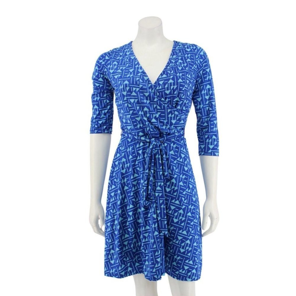 41 Hawthorn Blue Matte Jersey Knit 3/4 Sleeve Belted Faux Wrap Dress Size S